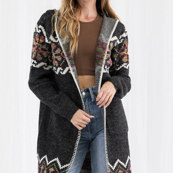 Western Cowichan Inspired Tribal Print Hooded Cardigan - Picture 9 of 11
